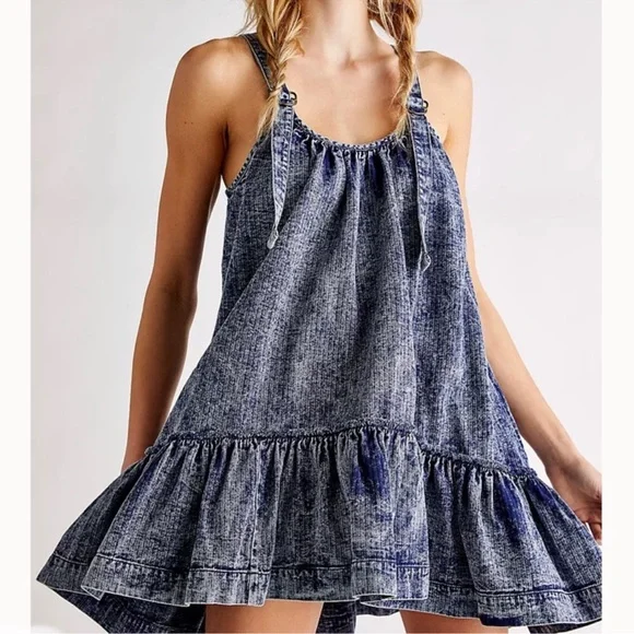Free People Convertible Denim Mini Dress Size Medium - Picture 1 of 10
